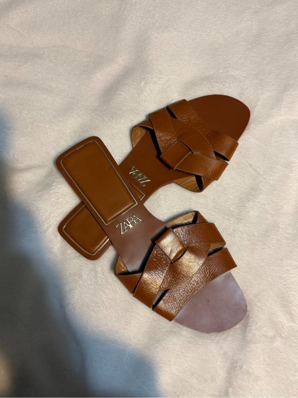 Zara Cognac Braided Leather Slide Sandals